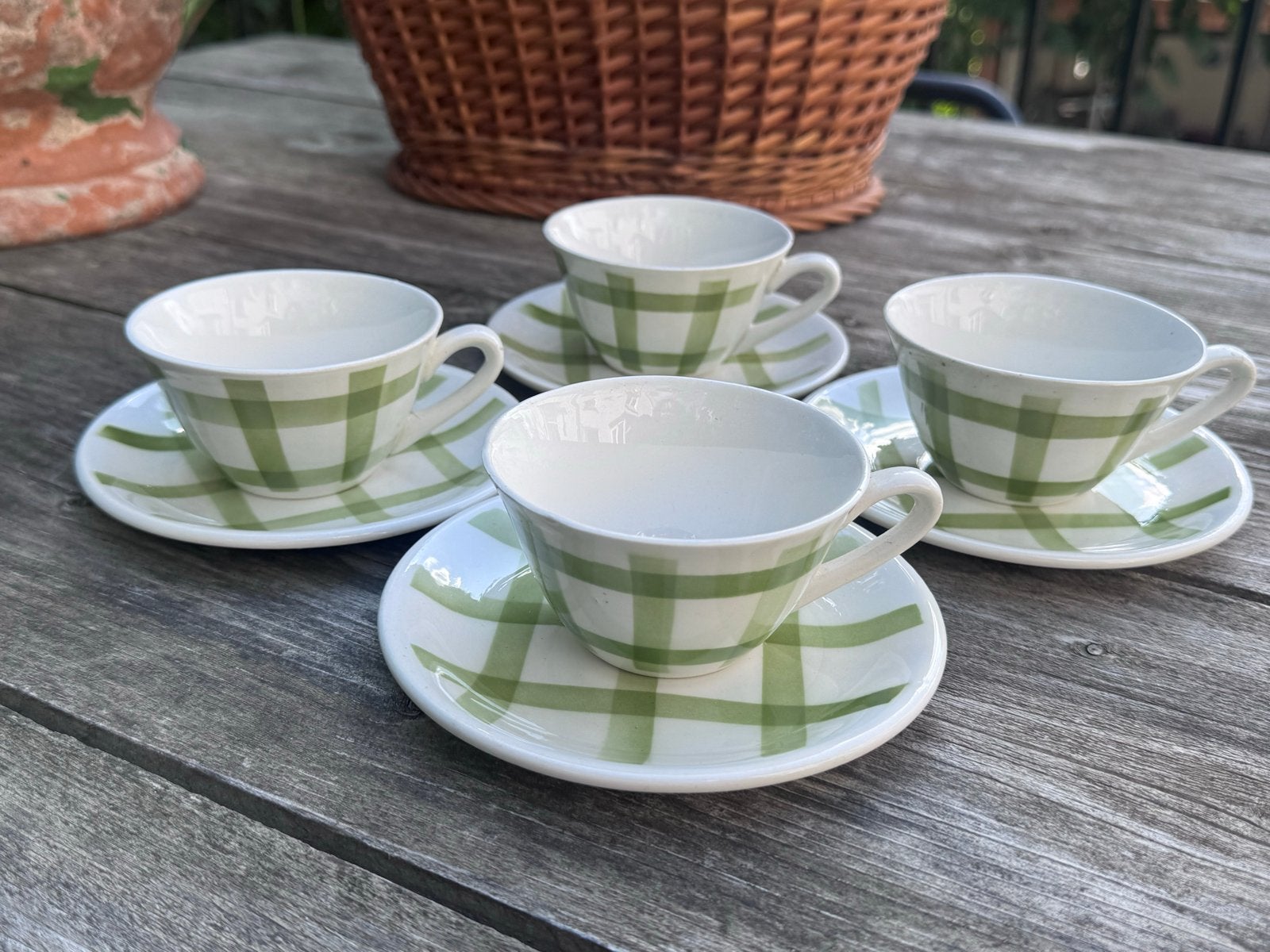 4 Franse kop en schotels met groen Nappe decor, Ophalen of Verzenden