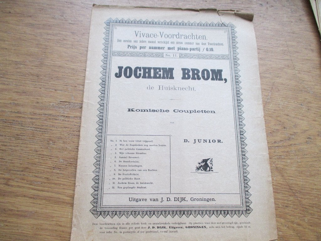 Jochem Brom, de Huisknecht - Komische Coupletjes, Muziek en Instrumenten, Bladmuziek, Zang, Gebruikt, Ophalen of Verzenden, Thema
