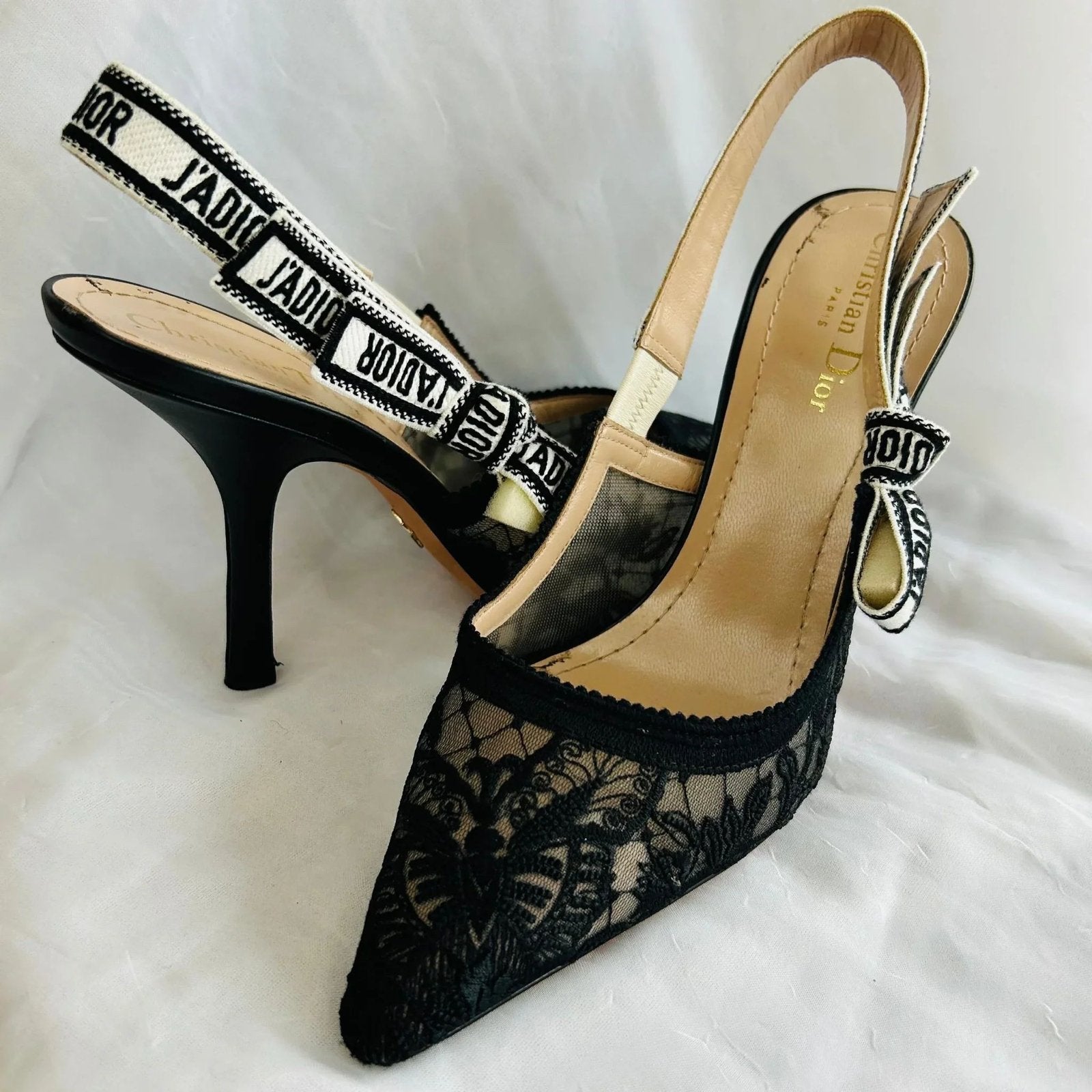Christian Dior J'Adior Slingback Pumps Zwart Kant, Ophalen of Verzenden, Zo goed als nieuw, Zwart, Pumps