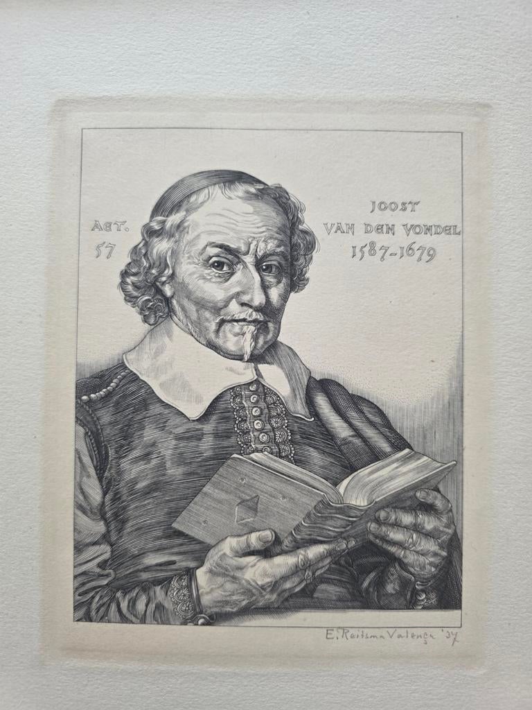 Ets Joost v.d. Vondel - E. Reitsma Valenca - 1937, Antiek en Kunst, Ets, Portret, Ophalen of Verzenden, 11 cm