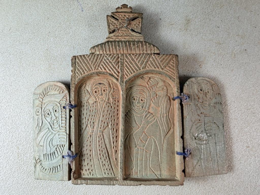 260514 oud stenen coptic ikon - 4 doors uit Ethiopie., Ophalen of Verzenden