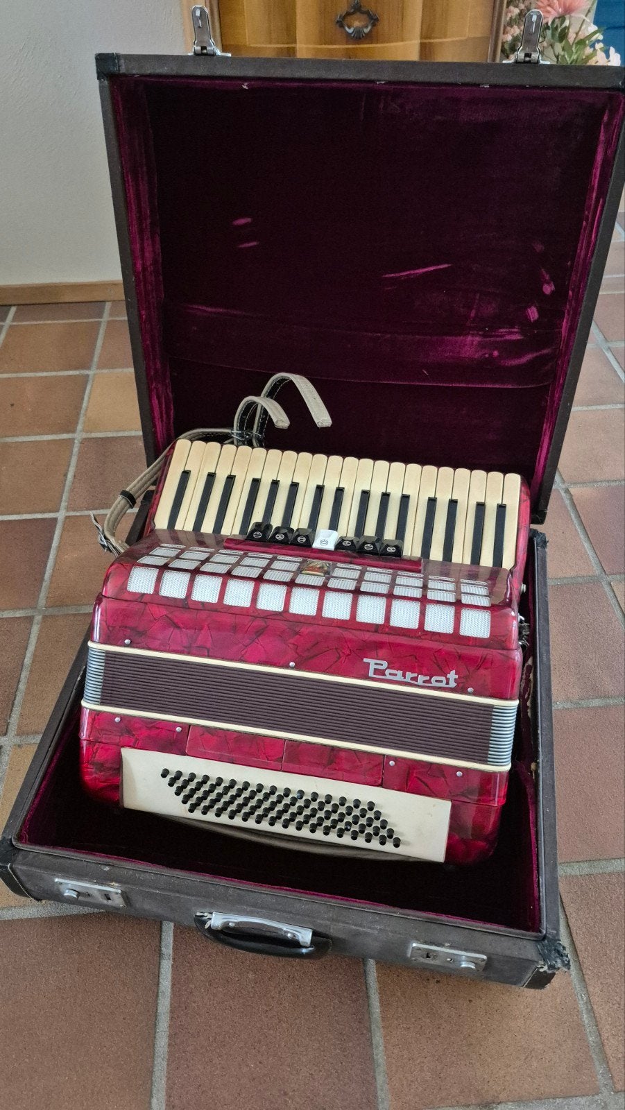 Parrot Toetsaccordeon 72-bas met koffer en riemen, Muziek en Instrumenten, Accordeons, Gebruikt, 72-bas, Met koffer, Toetsaccordeon