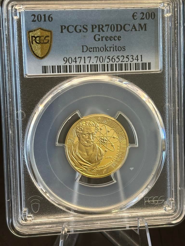 Gouden €200 Demokritos Griekenland PCGS PR70DCAM, Griekenland, Losse munt, Goud, Overige waardes