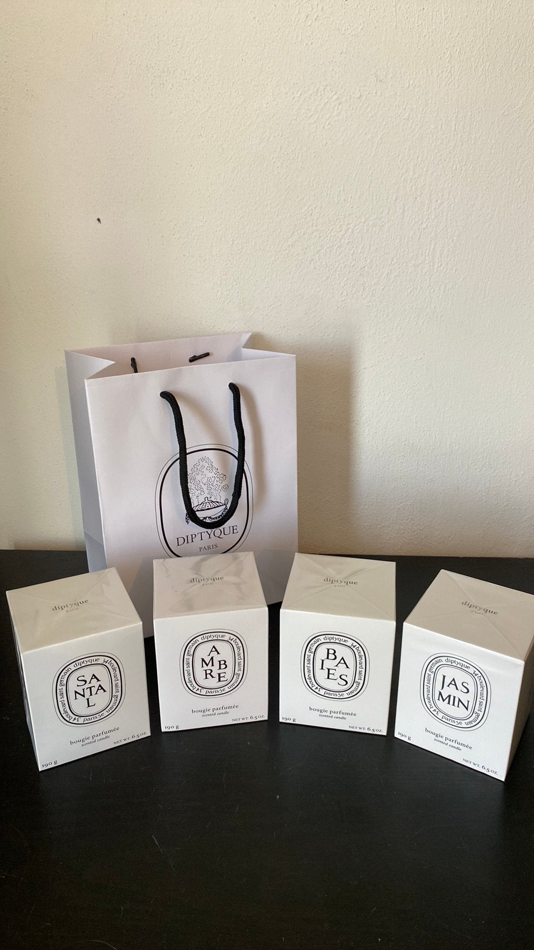 Diptyque geurkaarsen baies / jasmin /ambre /santal 190 gram, Ophalen of Verzenden, Kaars, Wit, Overige merken