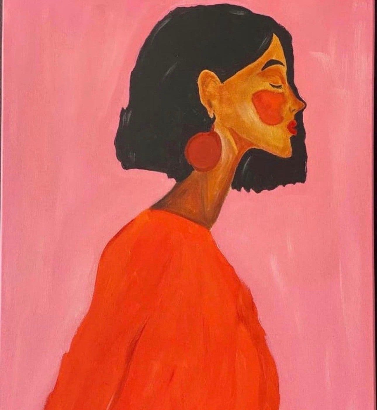 Modern Portret Schilderij - Vrouw met Rode Oorbellen, Acrylverf, Handgeschilderd, Ophalen of Verzenden, Portret