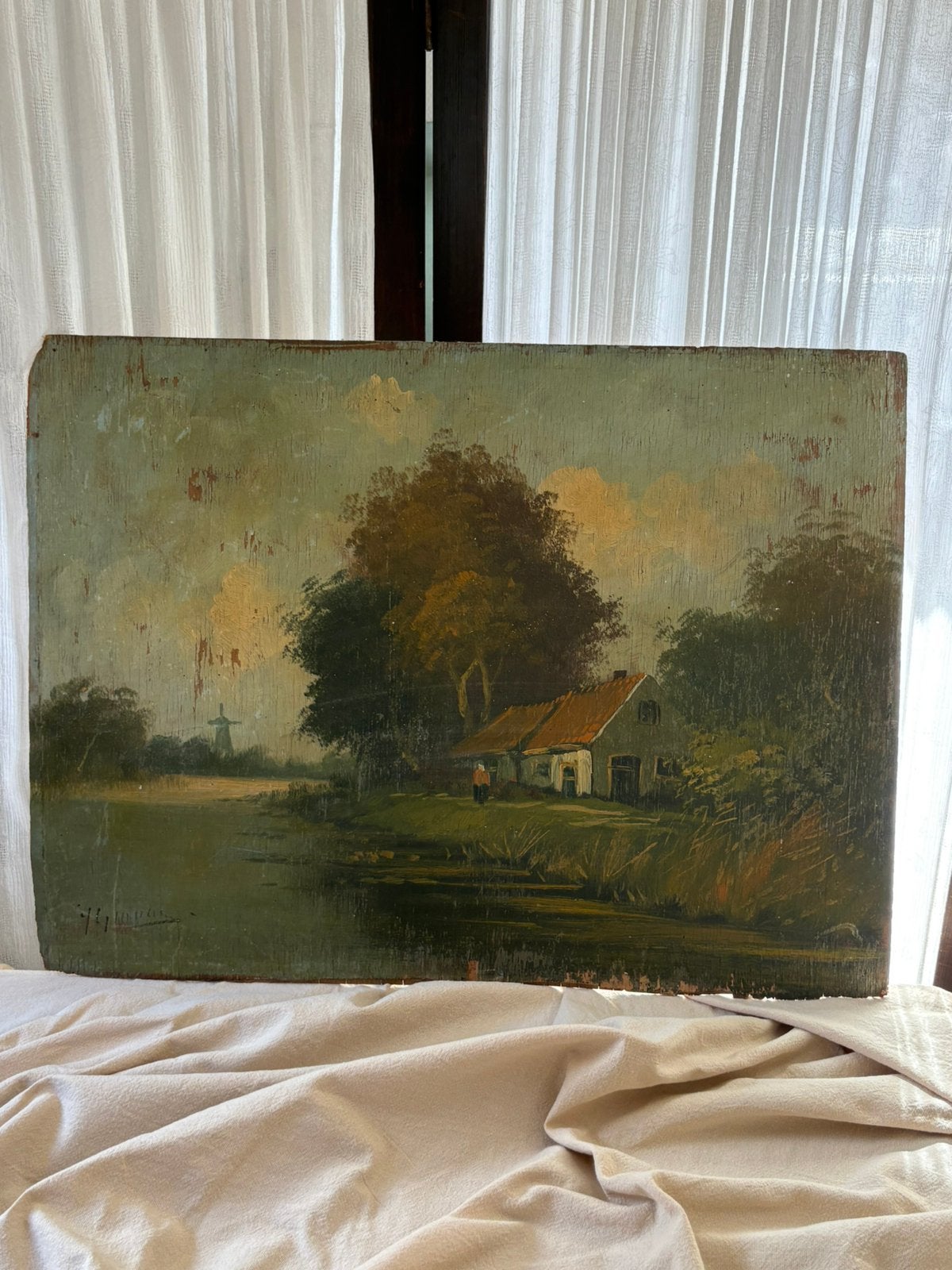 Antiek stilleven landschap op hout | gesigneerd, Antiek en Kunst, Origineel werk, Overige ondergronden, Ophalen of Verzenden, Landschap