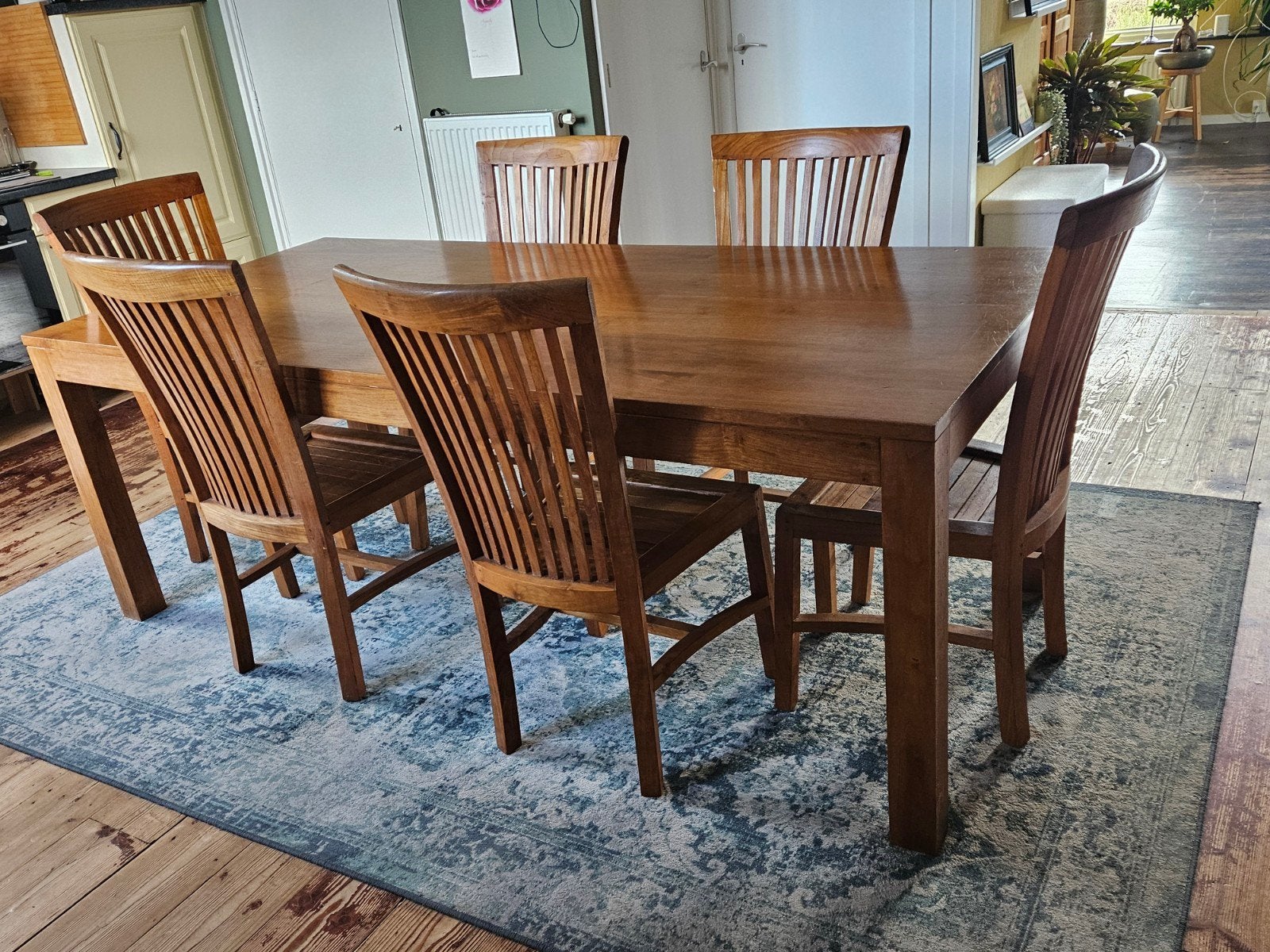 Teakhouten eethoek met 6 stoelen, Huis en Inrichting, Ophalen, Gebruikt, 4 tot 6 stoelen