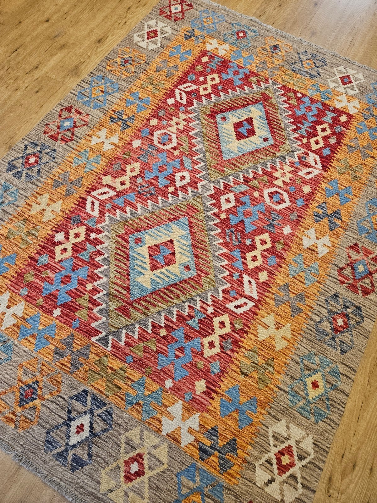 handgeweven oosterse wollen kelim 198x141, Info@SlatsAntiek.nl, 100 tot 150 cm, Ophalen of Verzenden, Kelim