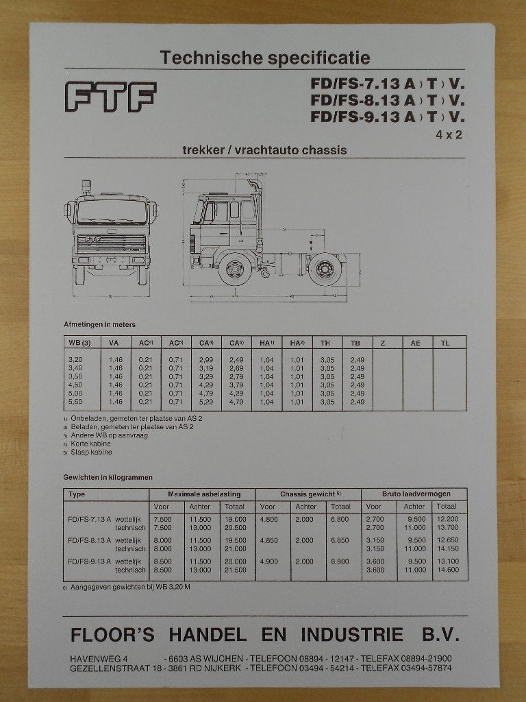 FTF 4x2 ca 1990 Technische Specificatie Brochure, FTF, Ophalen of Verzenden, Zo goed als nieuw, Overige merken