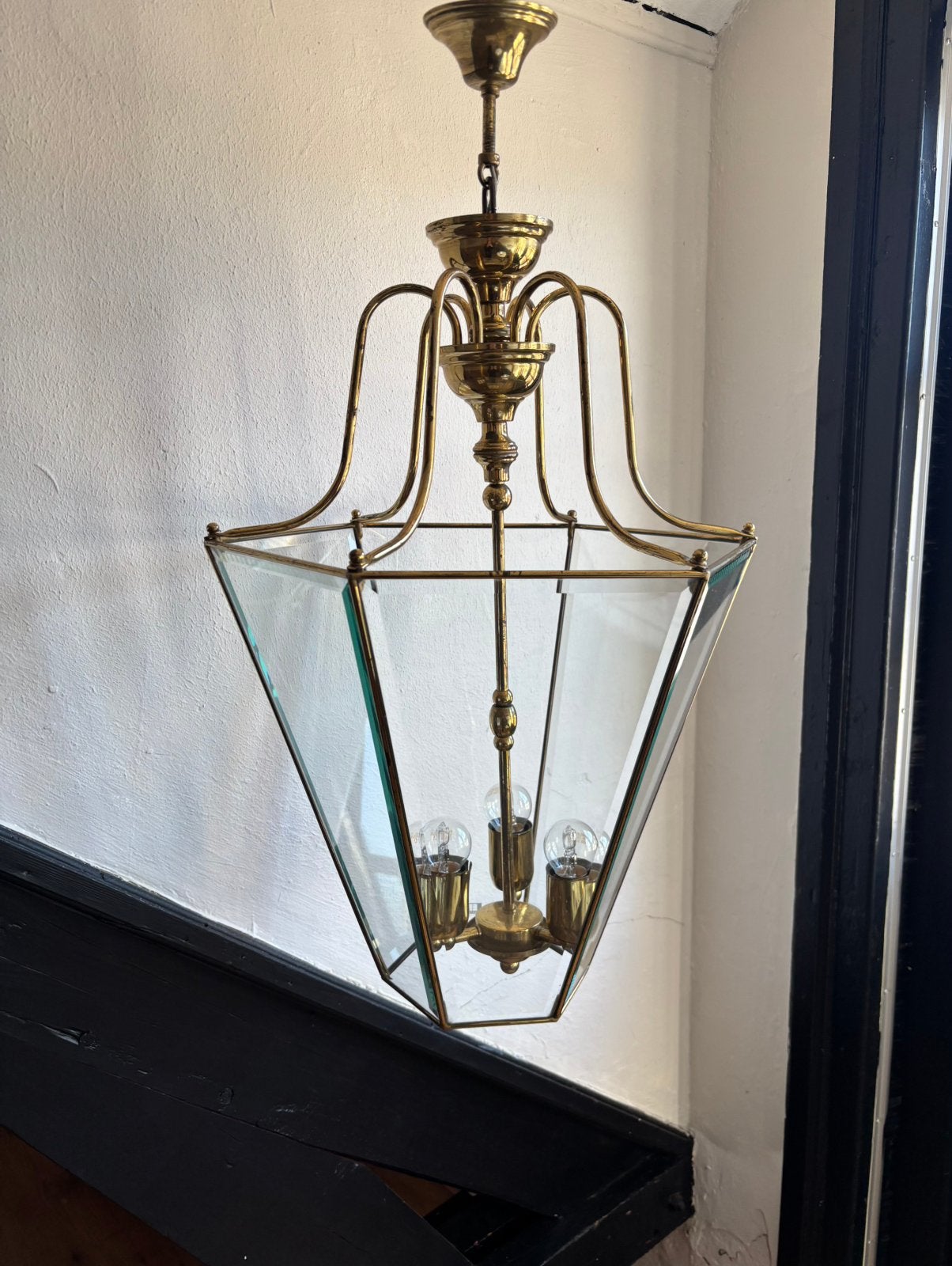 Vintage jaren 80 messing gouden hanglamp Frantzen lantaarn, Ophalen, Zo goed als nieuw, Glas