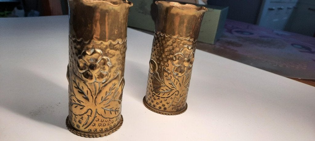 Messing hulzen Franse 37mm Hotchkiss in trench art, Ophalen of Verzenden, Landmacht, Overige gebieden, Hulzen of Bodemvondsten