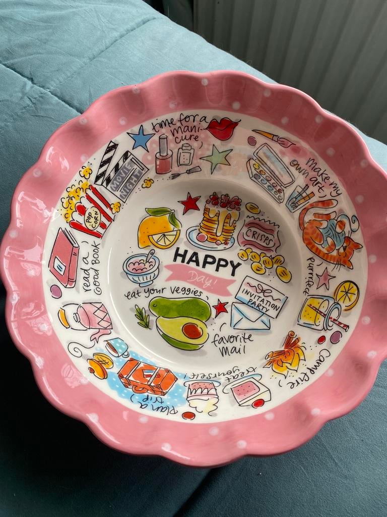 Blond Amsterdam Happy Roze schaal met witte stippen Nieuw !, Schaal, Rond, Ophalen of Verzenden, Zo goed als nieuw