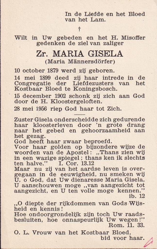 Männersdörfer Maria 1879 -  1956 zuster, Ophalen of Verzenden, Bidprentje