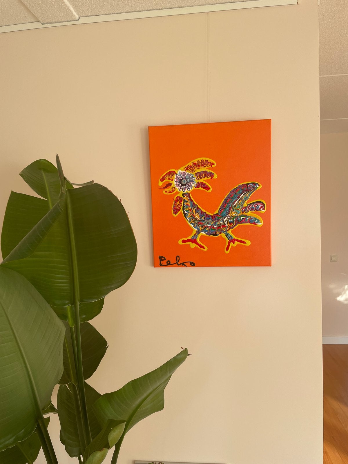 Peko schilderij Oranje met kleurrijke haan - 60x50.   cm, Ophalen, Acrylverf, Handgeschilderd, Dieren