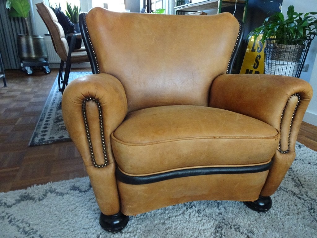 schapenleren heren fauteuil, Huis en Inrichting, Fauteuils, Ophalen, Gebruikt, 75 tot 100 cm, Leer