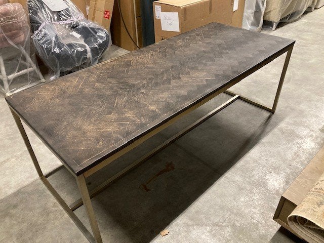 stoere eettafel visgraat blad industrieel metaal onderstel, 200 cm of meer, Zo goed als nieuw, Vijf personen of meer, Eikenhout