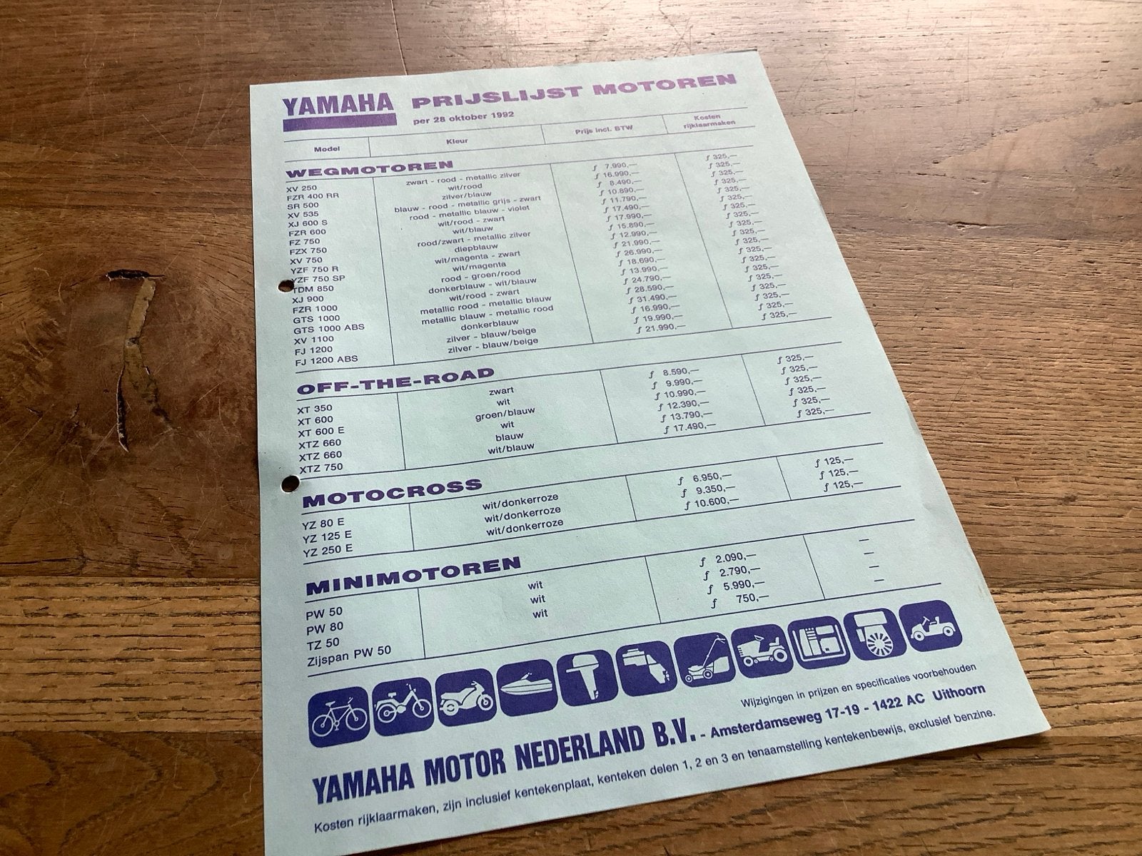 Yamaha Prijzenlijst Motoren - Oktober 1992, Verzenden, Yamaha