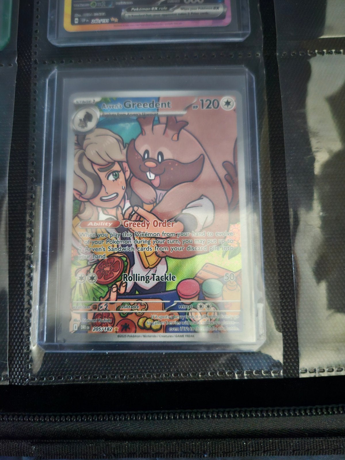 Pokemon Arven's Greedent 205/182 Destined Rivals, Ophalen of Verzenden, Zo goed als nieuw, Losse kaart, Foil