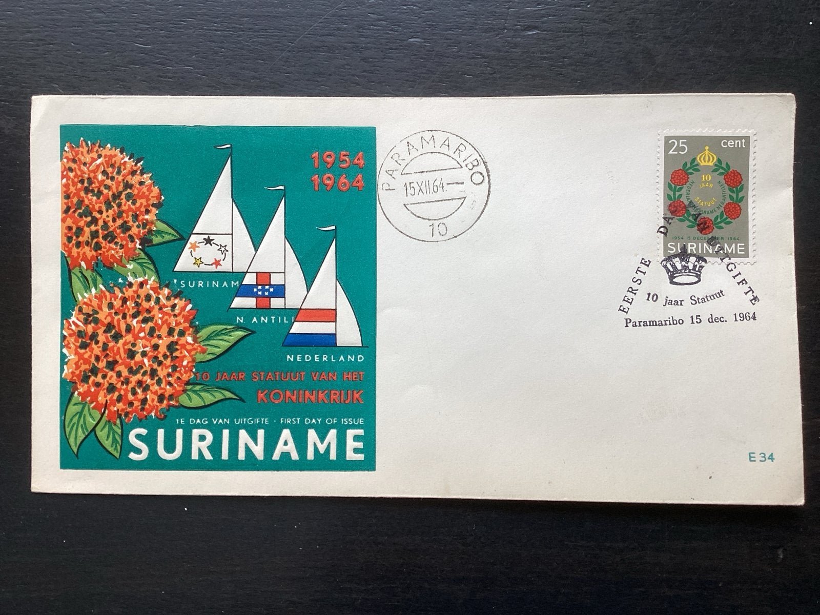 FDC Suriname 10 jaar Statuut Koninkrijk 1954-1964, Postzegels en Munten, Postzegels | Eerstedagenveloppen, Ophalen of Verzenden