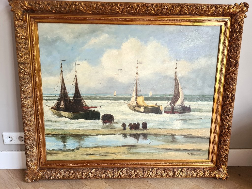 Groot Olieverf Schilderij Mesdag Bomschuiten 122x102cm, Ophalen, Maritiem / water, Doek, Olieverf