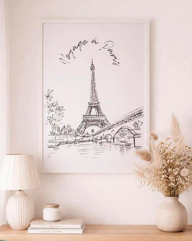 Wand decoratie - schilderij tekening parijs met witte lijst, Ophalen of Verzenden