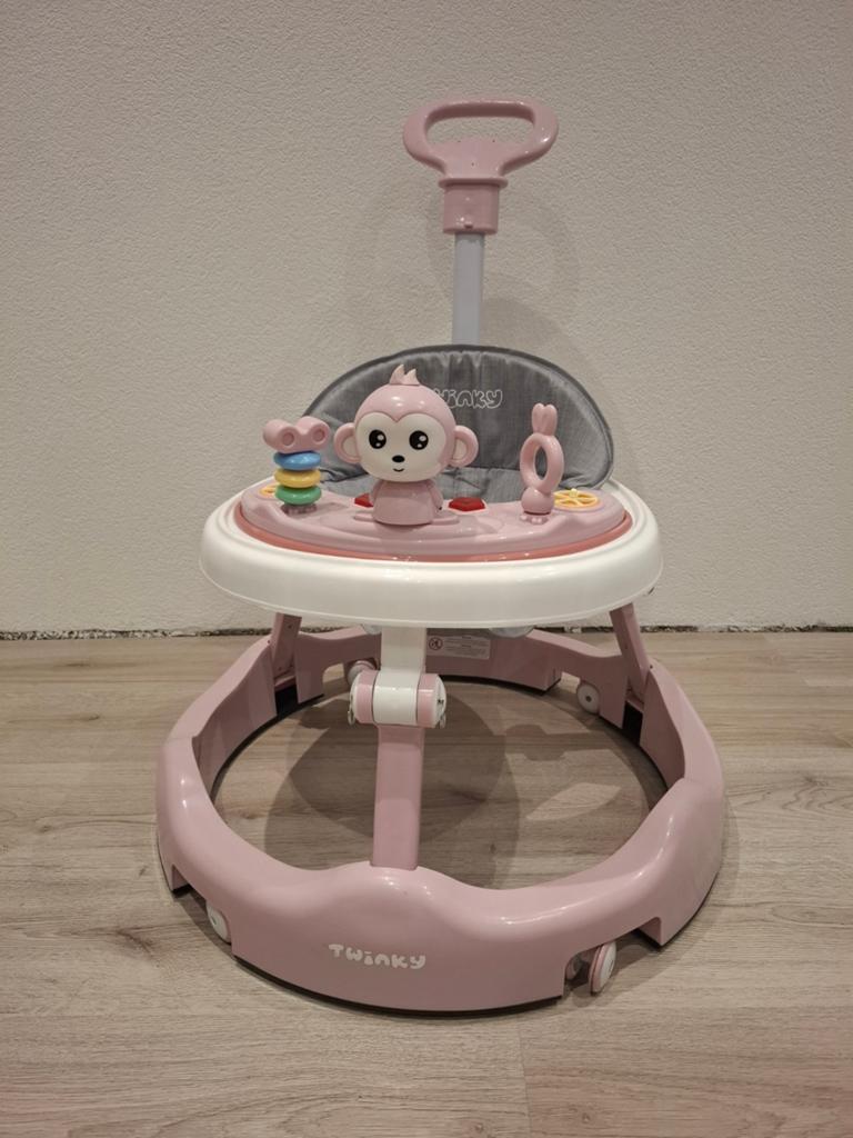 Twinky loopstoel roze met speelgoed en duwstang, Ophalen, Zo goed als nieuw, Met wieltjes