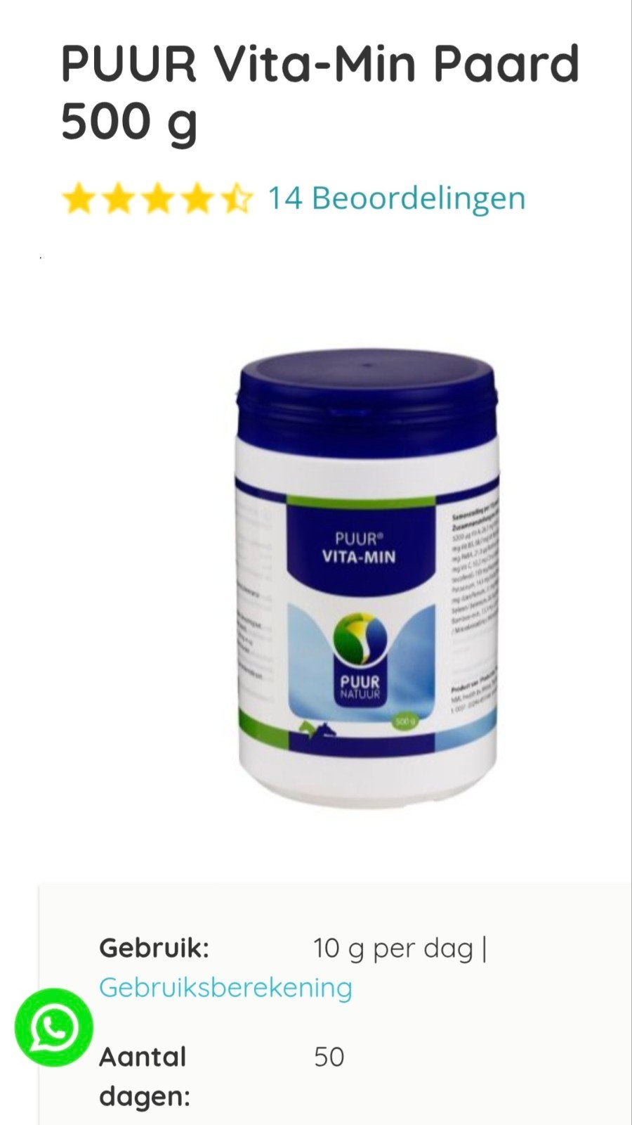 Puur Vita Min 500 gram nieuw, Dieren en Toebehoren, Ophalen of Verzenden, Nieuw