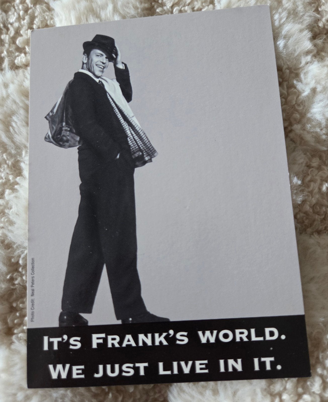Vintage Frank Sinatra Ansichtkaart - 'It's Frank's World', Verzamelen, Verzenden, 1980 tot heden, Ongelopen, Sterren en Beroemdheden