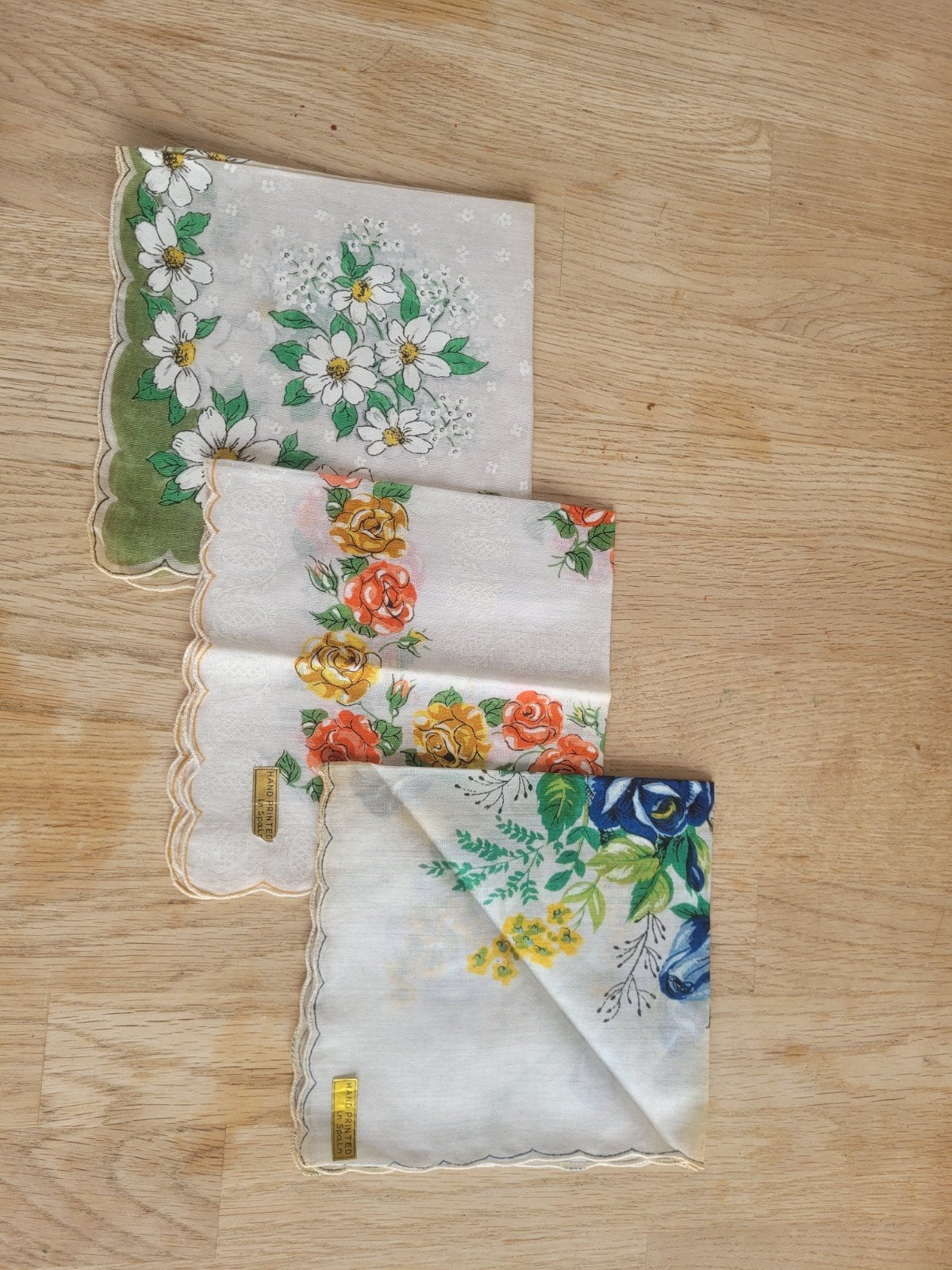 3x Vintage zakdoeken jaren 50/60 - Hand Printed in Spain, Ophalen of Verzenden