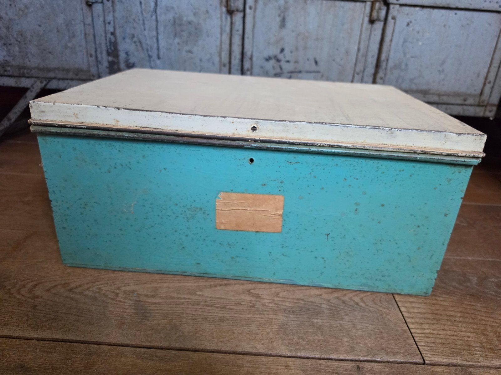 Vintage/industriele opbergbox metaal, 50x35x22, groen/wit, Ophalen of Verzenden
