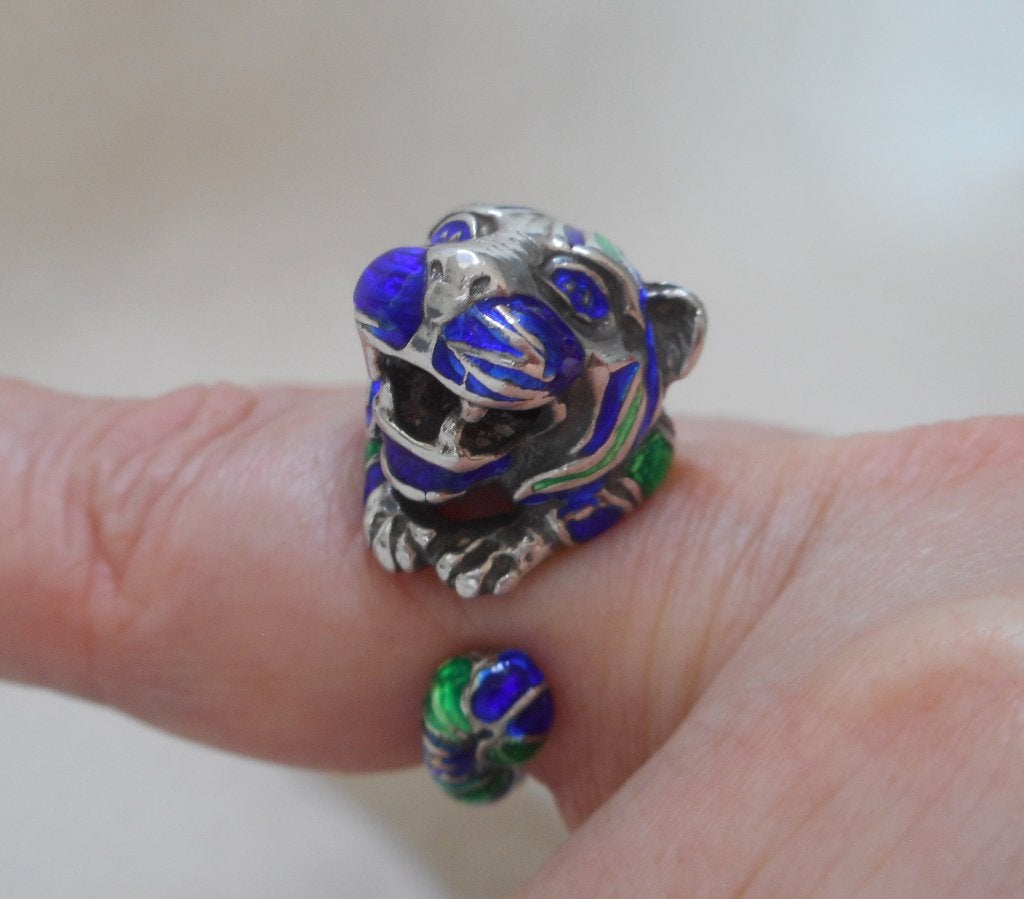 Prachtige zilveren royale ring panter met emaillen nr.557, Verzenden, Zilver, Ring