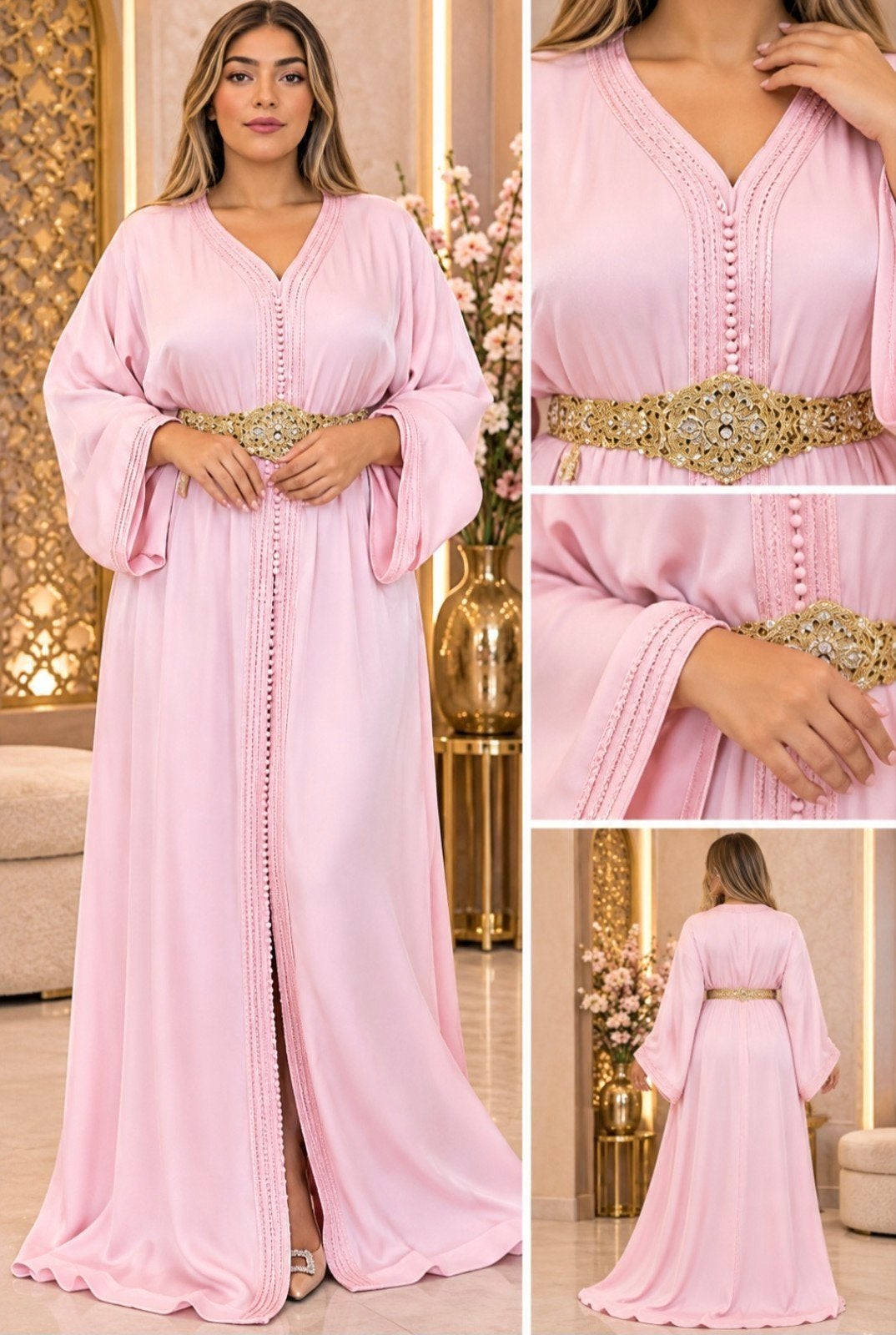 Elegante Roze Organza Takchita met Gouden Riem, Maat 38/40 (M), Nieuw, Ophalen of Verzenden, Roze
