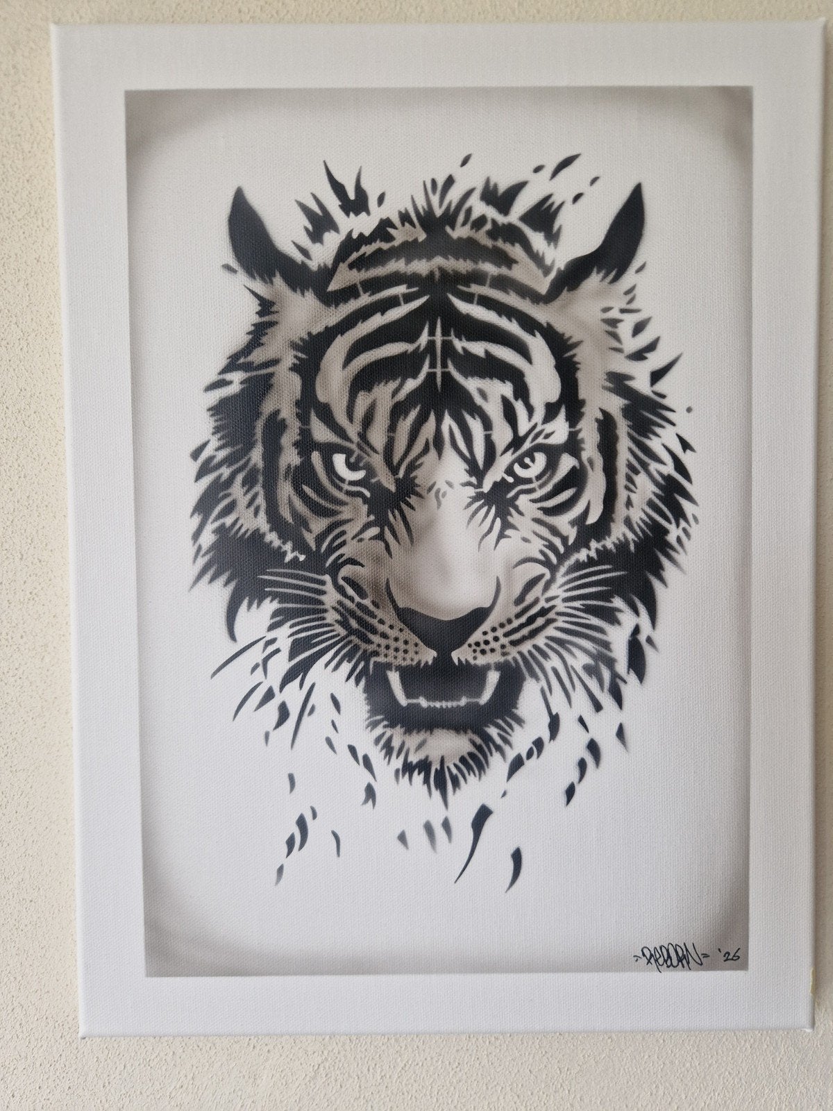 Tijger, Airbrush, zwar wit, hand gemaakt, 40x30CM, Ophalen, Overige techniek, Dieren en Natuur, Gelimiteerde oplage