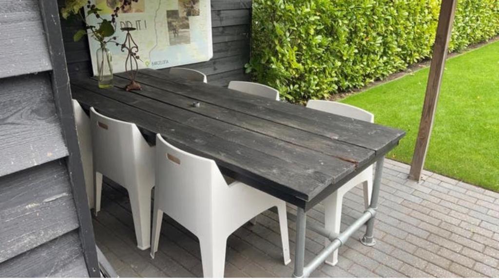 Tuinstoelen inclusief robuuste steigerhouten tafel, Gebruikt, 6 zitplaatsen, Steigerhout, Ophalen of Verzenden