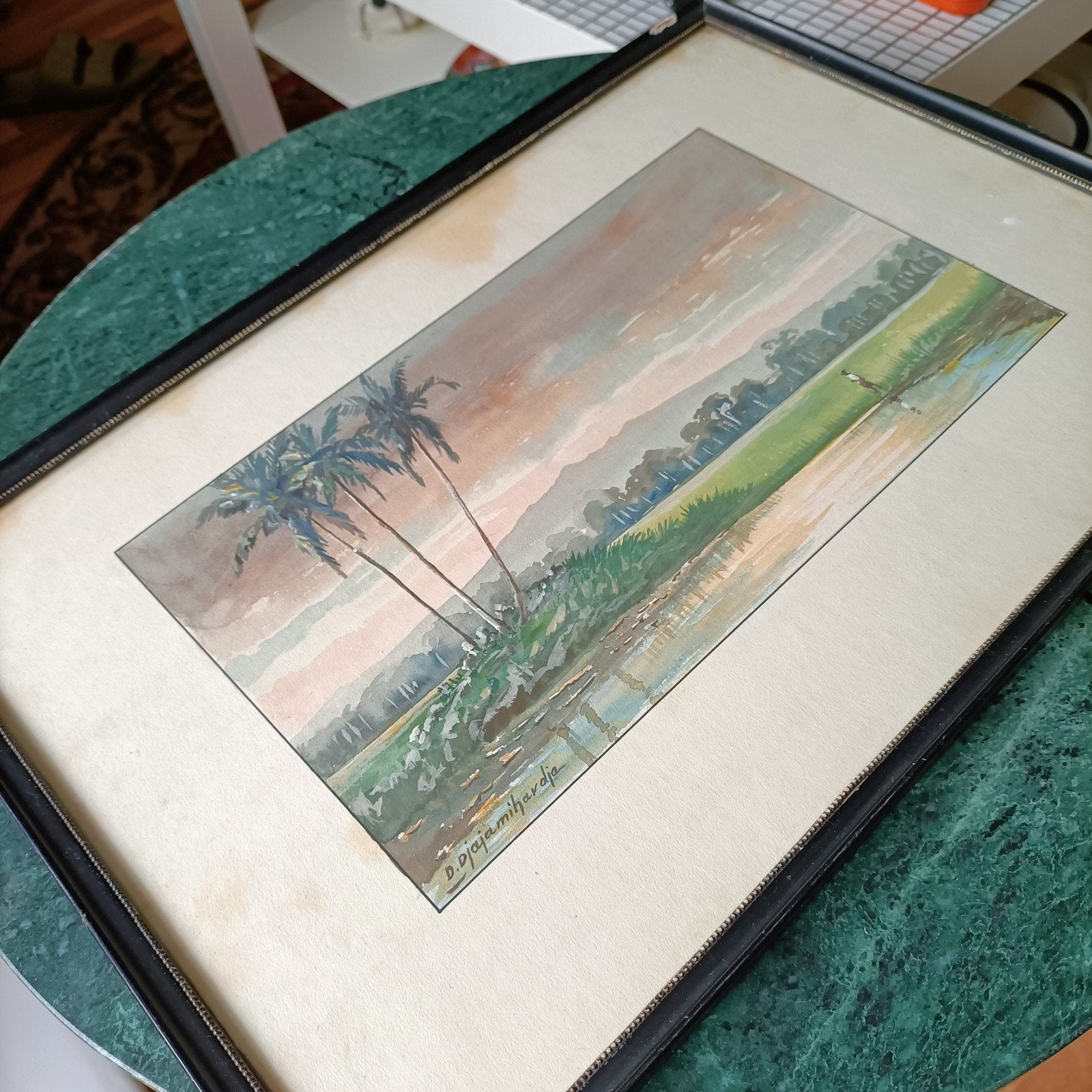Ingelijste aquarel van D. Djajamiardja - Tropisch landschap, Ophalen of Verzenden