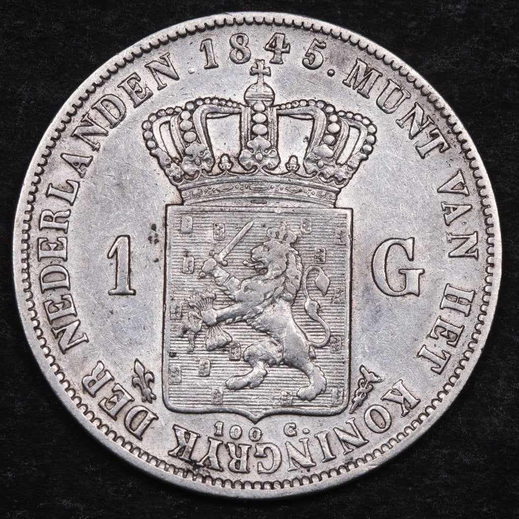 Gulden 1845b. Zfr/ Pr. (P), 1 gulden, Zilver, Ophalen of Verzenden, Losse munt