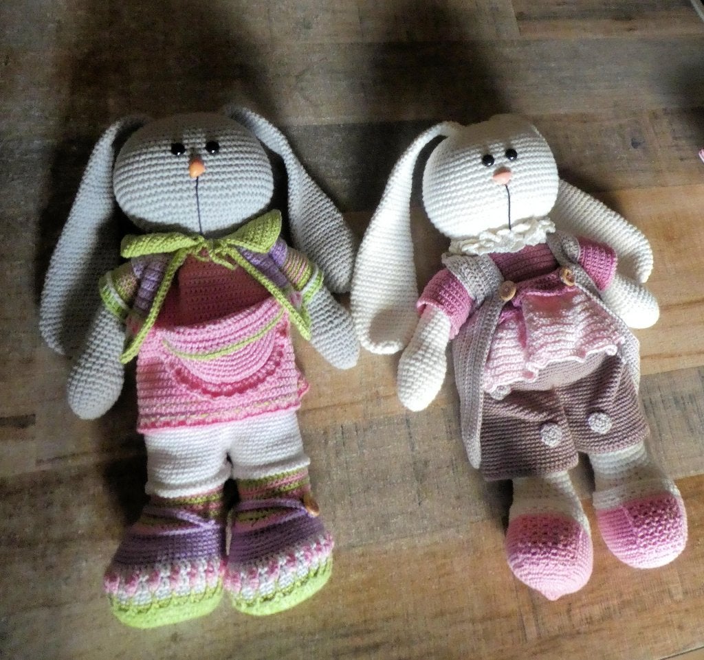 XXL gehaakte Funny konijn Biry pink en Nina H 40 cm., Handgemaakt, Konijn, Ophalen of Verzenden, Zo goed als nieuw