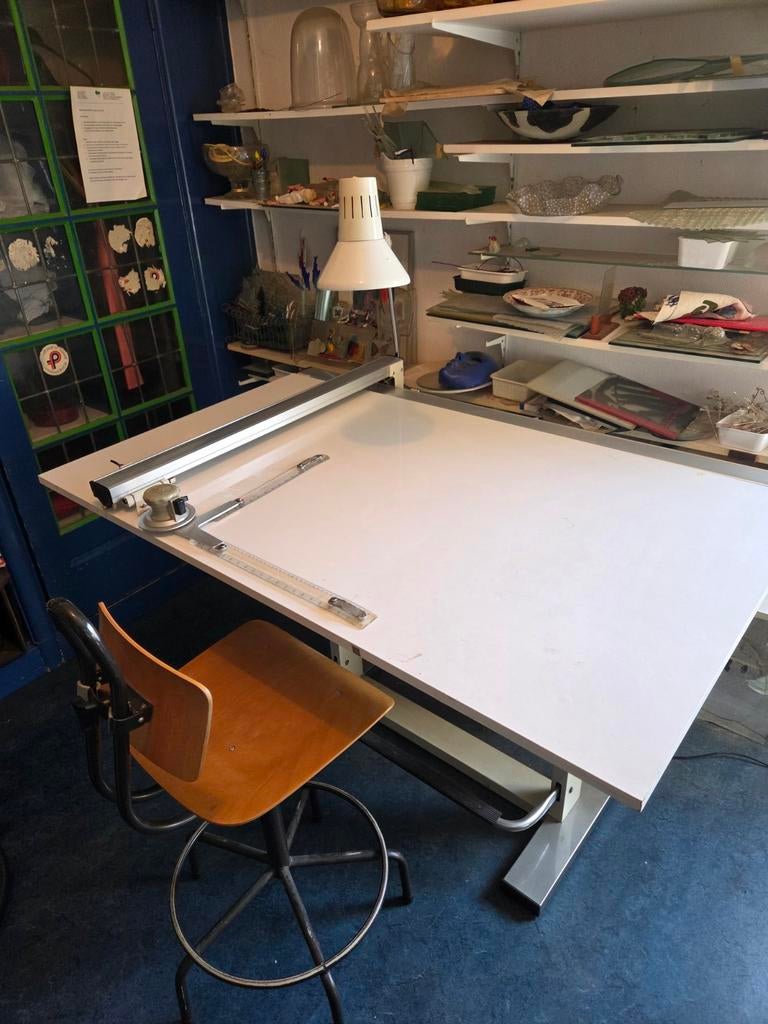 Arnal Tekentafel met Kruk, Lamp en Tekenliniaal, Ophalen of Verzenden, 130 tot 150 cm, Verlichting