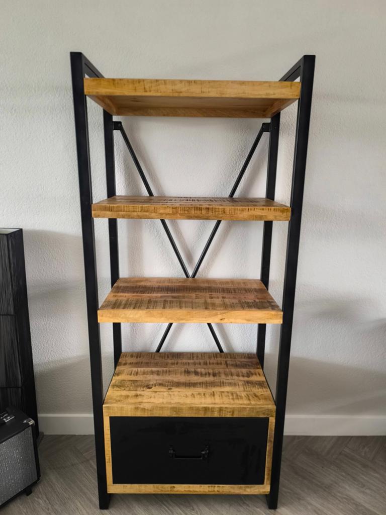 Mangohouten Boekenkast met Lade - Industrieel Design, Huis en Inrichting, Kasten | Boekenkasten, Zo goed als nieuw, 50 tot 100 cm