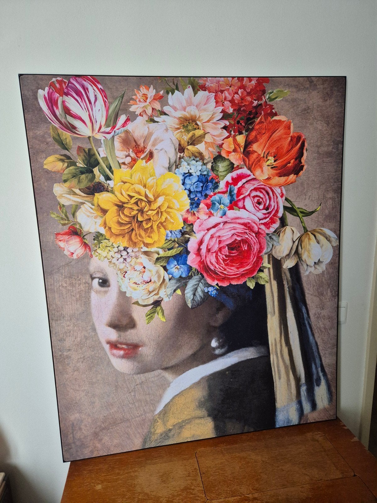 Meisje met de Parel met bloemen 90x110 - Canvas schilderij, Huis en Inrichting, Woonaccessoires | Schilderijen, Tekeningen en Foto's