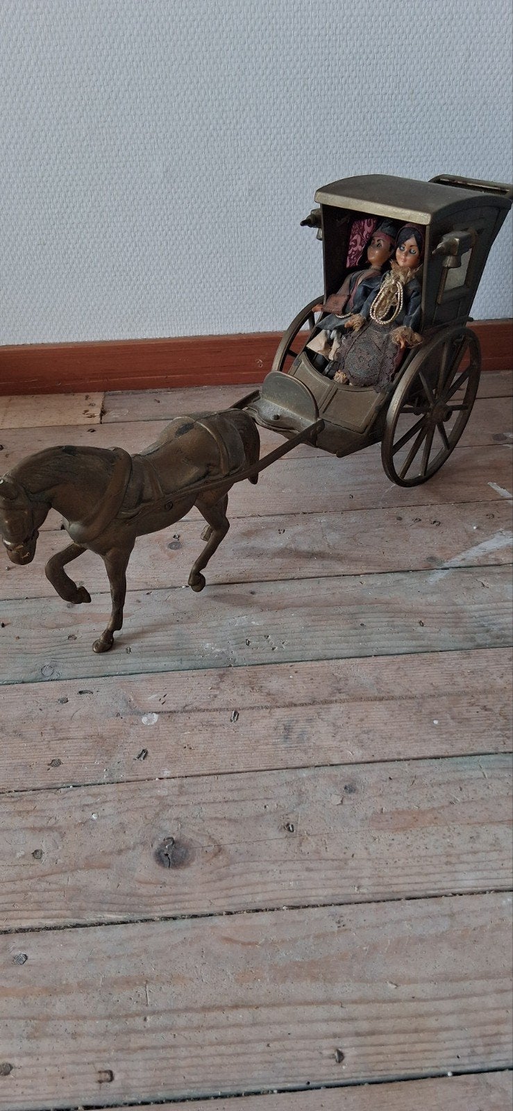 Antieke Messing Koets met Paard en Poppen, Ophalen of Verzenden