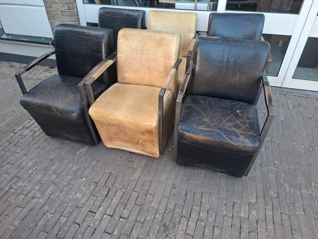 Industriële eetkamerstoelen vintage  sb kringloop, Huis en Inrichting, Stoelen, Ophalen, Gebruikt, Zwart, Leer