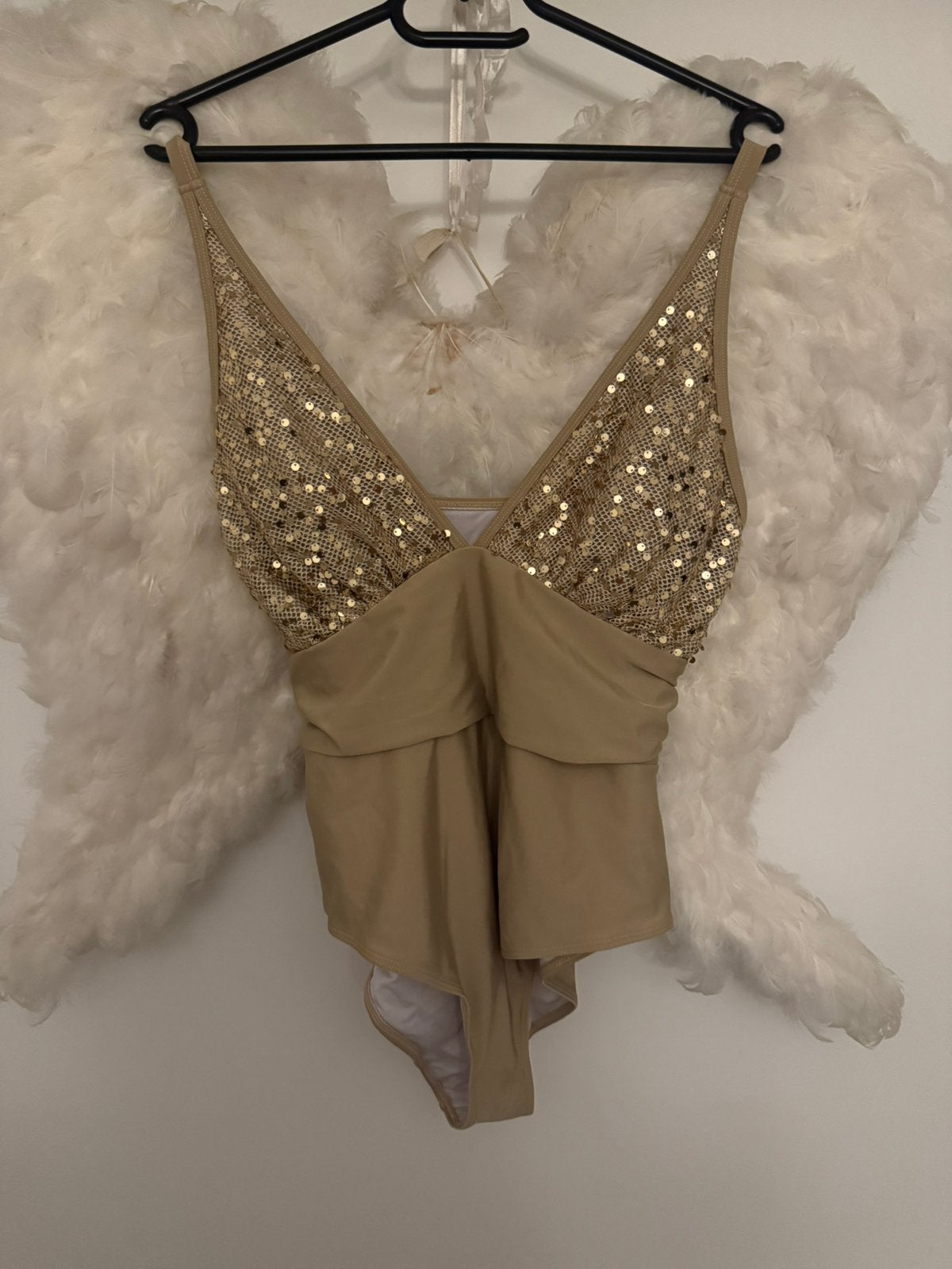 Beige badpak met gouden glitters, Kleding | Dames, Ophalen of Verzenden, Zo goed als nieuw, Beige, Badpak