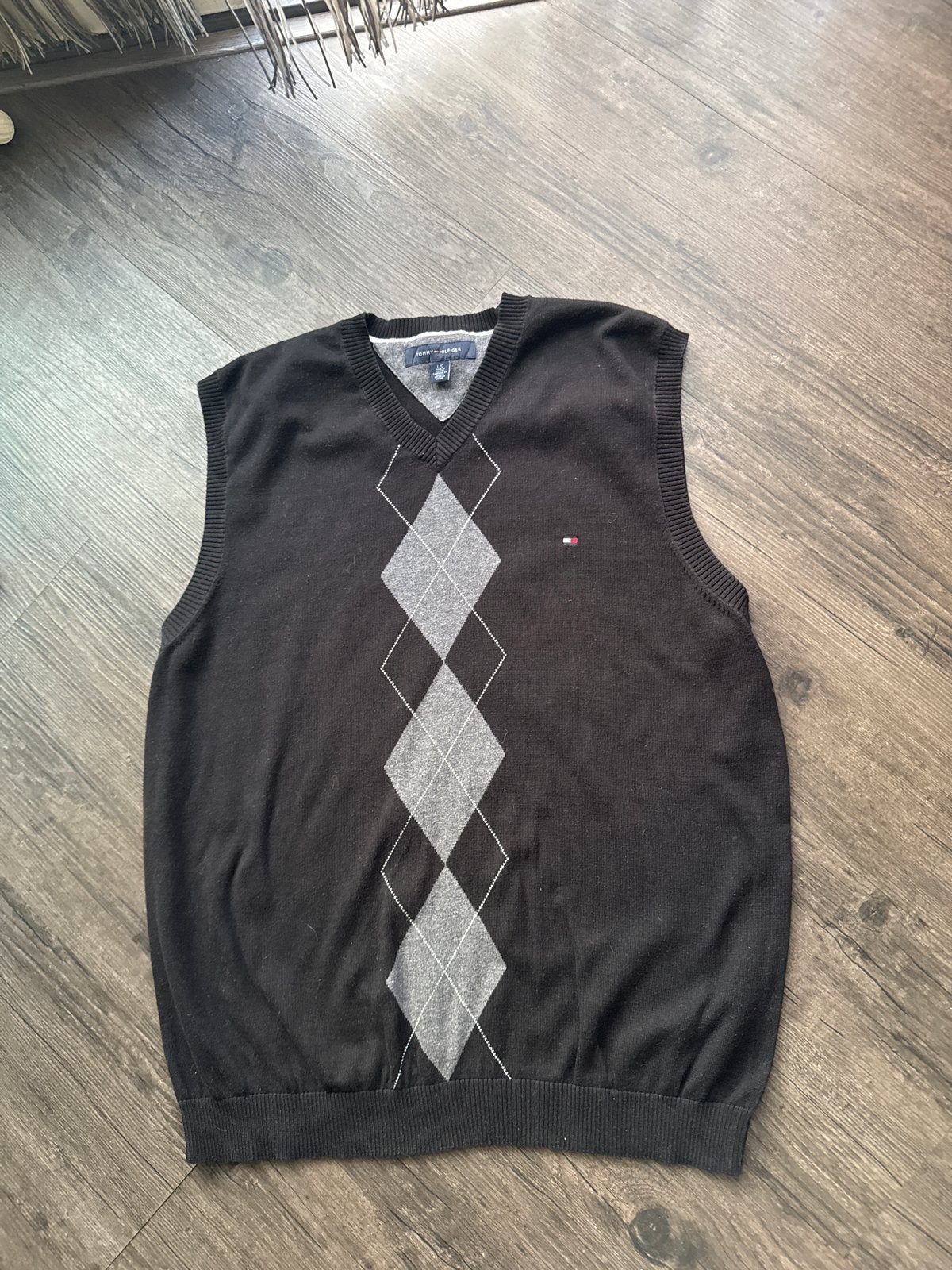 Tommy Hilfiger V-hals trui, zwart met argyle patroon, Verzenden, Gedragen, Maat 52/54 (L), Zwart