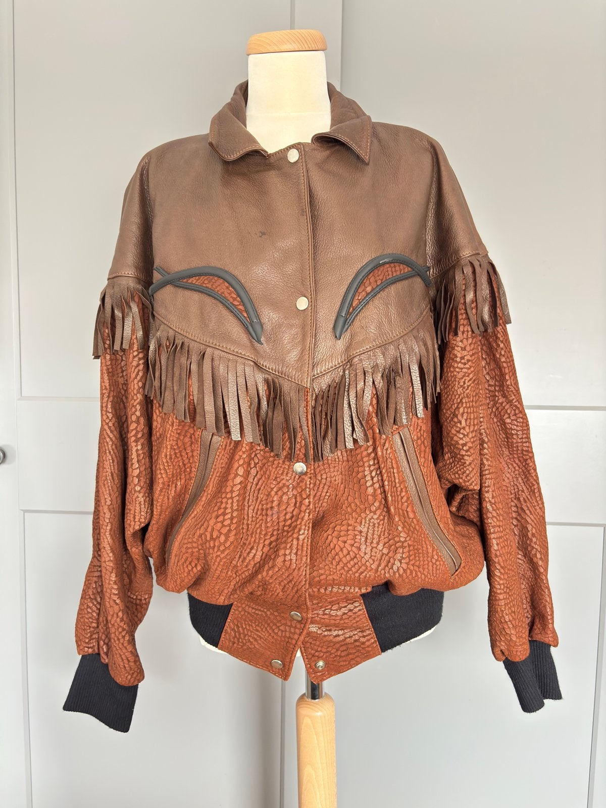 Vintage Leren Bomberjack met Franjes - Epiderm Stockholm, Verzenden, Gedragen, Maat 38/40 (M), Bruin
