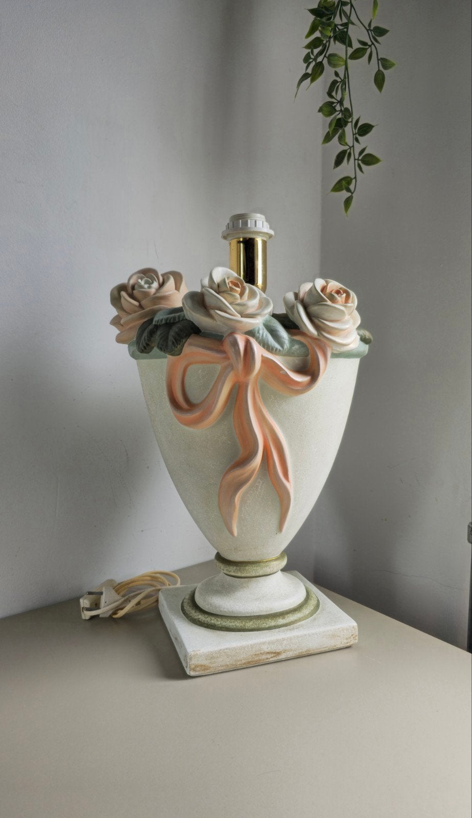 Vintage tafellamp met rozen en strik - Romantisch design, Beige, Gebruikt, Keramiek, Sfeerlamp
