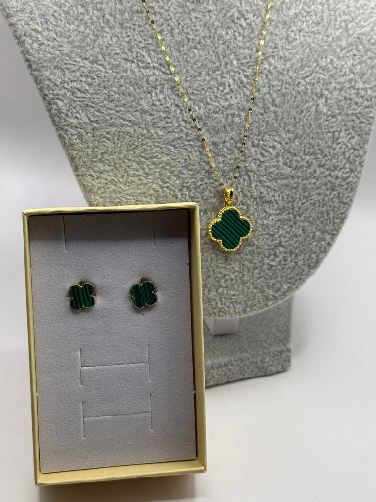 18K Gouden van Cleef Set ketting + oorbellen, Met hanger, Ophalen of Verzenden, Zo goed als nieuw, Groen