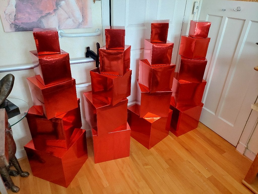 Rode glimmende kubus dozen met deksel / 4 sets van 5 dozen, Ophalen, Zo goed als nieuw, Modern, Rood