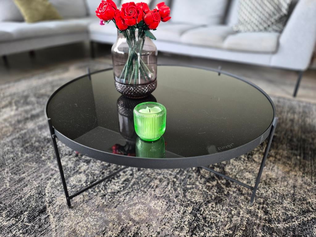 Zuiver zwarte salontafel met glaspaneel, 80x33 cm, Ophalen, Gebruikt, 50 tot 100 cm, Modern, Verfijnd
