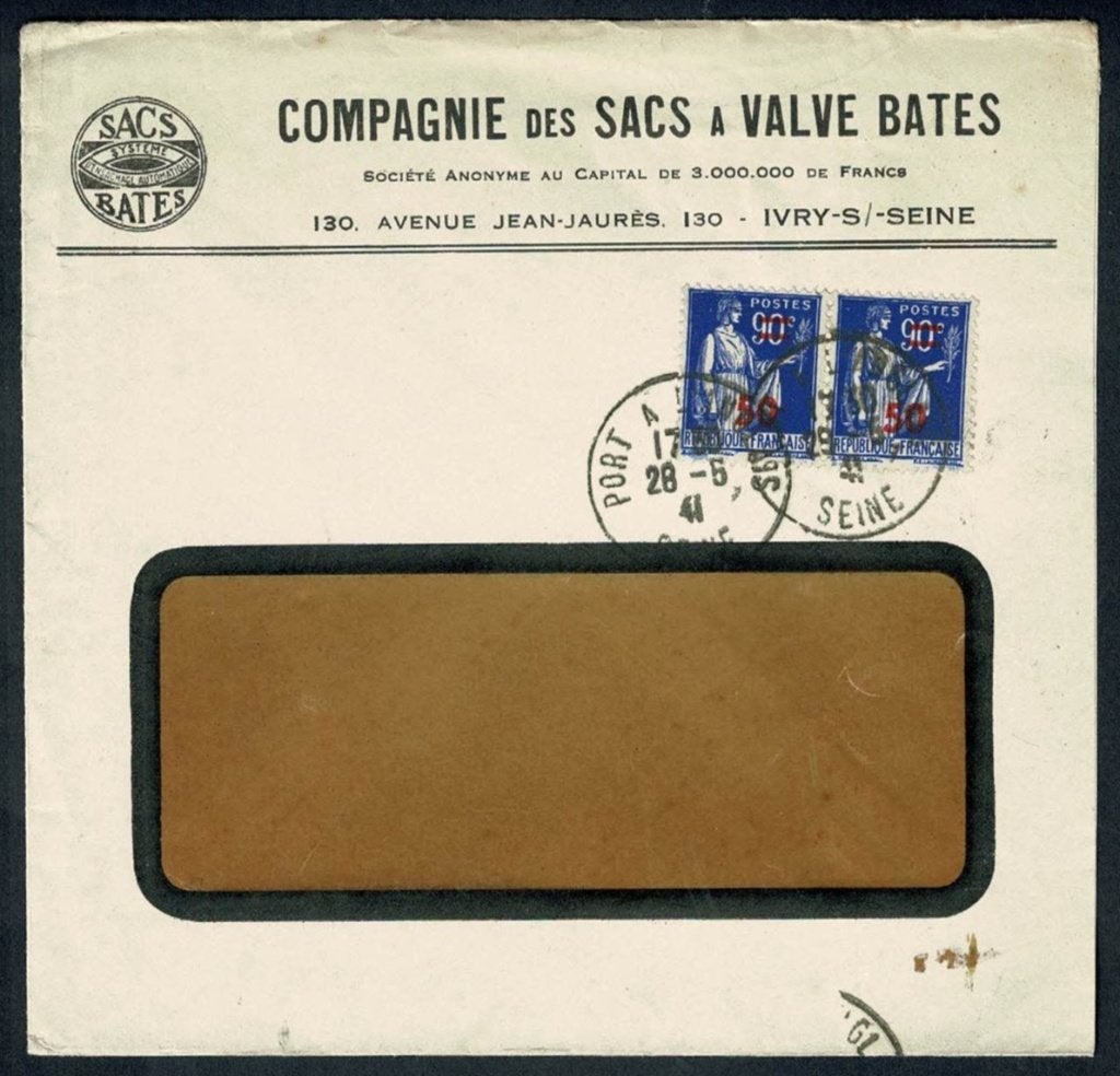 Frankrijk : Compagnie des Sacs a Valve Bates - 28.5.1941, Postzegels en Munten, Brieven en Enveloppen | Buitenland, Verzenden